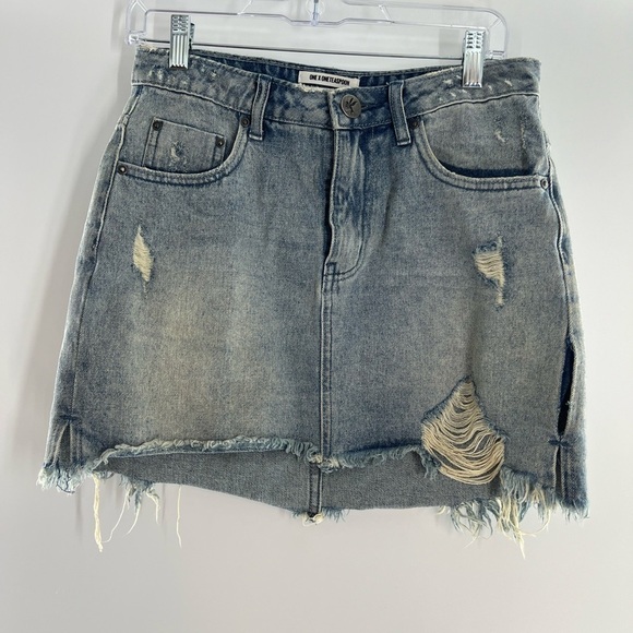 ONE X ONE TEASPOON BLUE STORM DESTROYED MINI HIGH WAIST DENIM SKIRT SIZE 28 - Picture 1 of 15